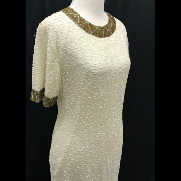 Stenay Size 8 Vintage Beaded Dress Ivory Gold - Picture 2 of 8
